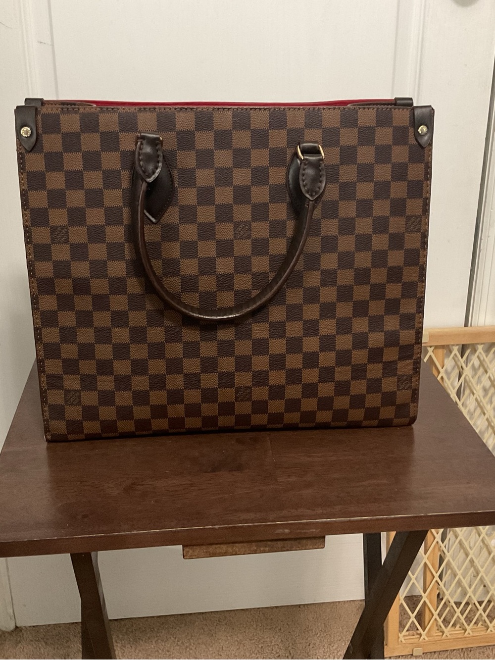Classic Brown Check Tote Bag with Red Interior